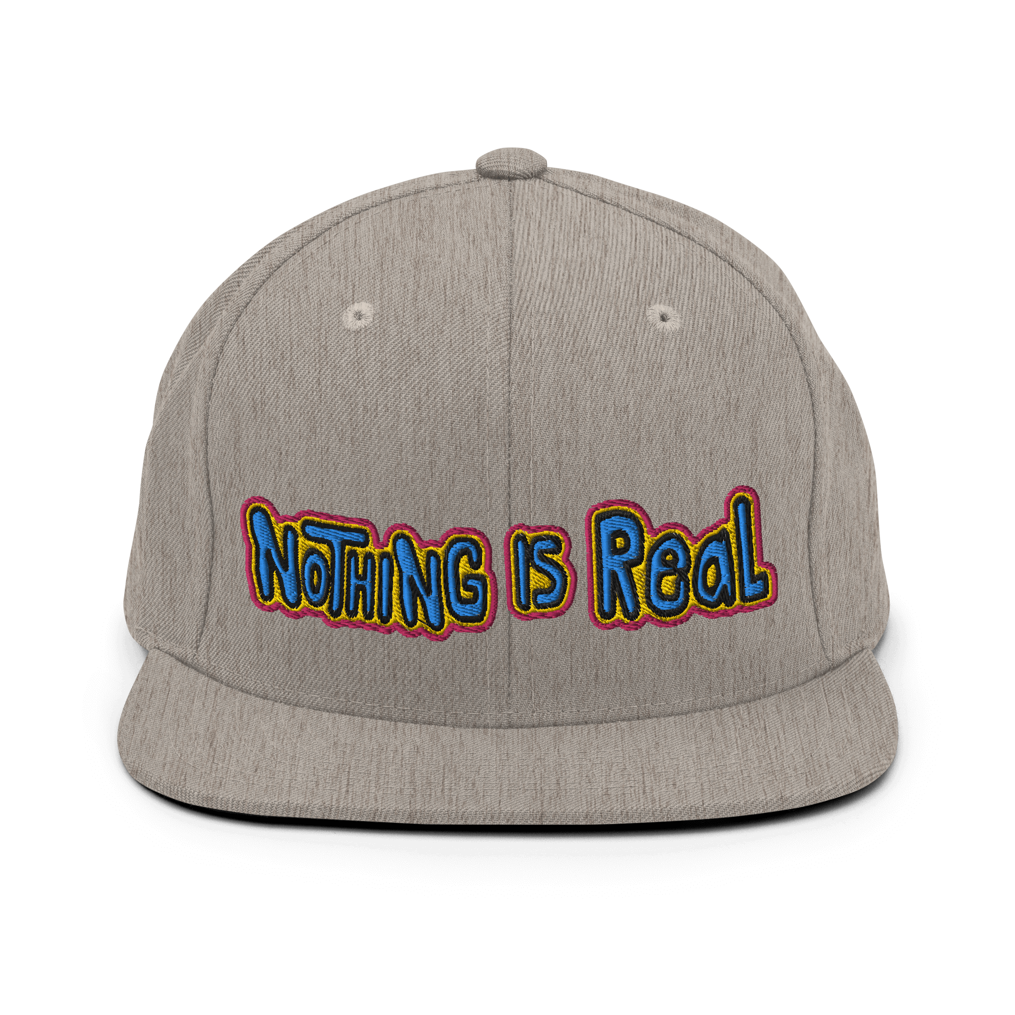 Nothing Is Real Snapback CapEmbrace the surreal with the 'Nothing Is Real' Snapback Cap – a classic fit, flat brim, and full buckram structure that defies convention. The adjustable snap closure ensures a comfortable, one-size-fits-most style. Crafted exc