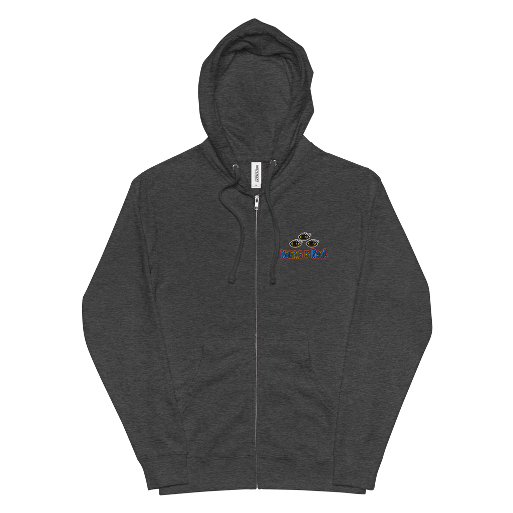 Nothing Is Real Embroidery Zip Up HoodieDive into surreal comfort with the Nothing Is Real Embroidery Zip Up Hoodie. Crafted from soft, premium-quality fleece and featuring a jersey-lined hood, this unisex zip-up is your cozy masterpiece. Pair it effortle