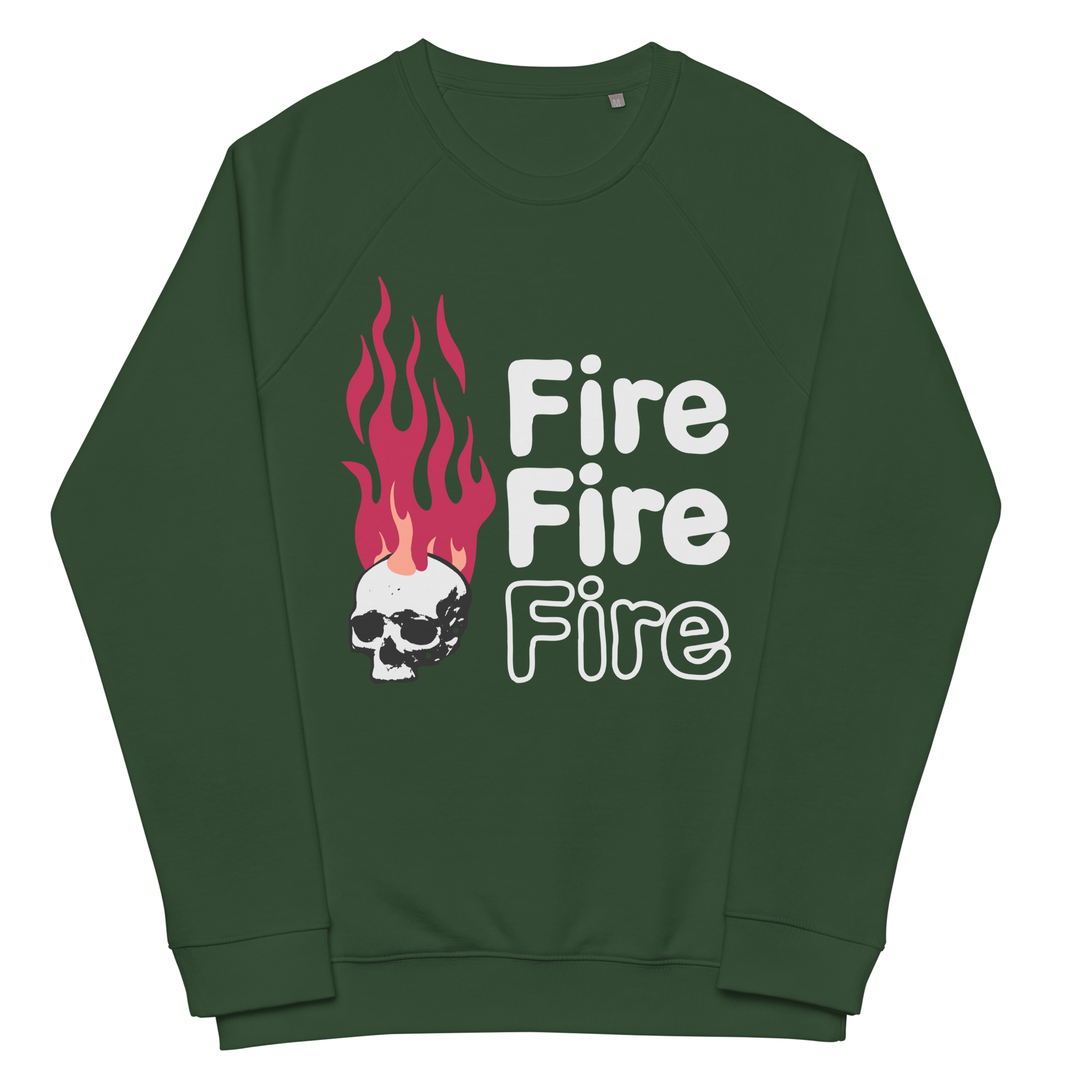 Fire and Skull Raglan SweatshirtWrap yourself in comfort and style with the Fire and Skull Raglan Sweatshirt. This unisex organic gem lets you conquer coziness and fashion simultaneously. The brushed fleece lining feels like a cloud of softness, while the